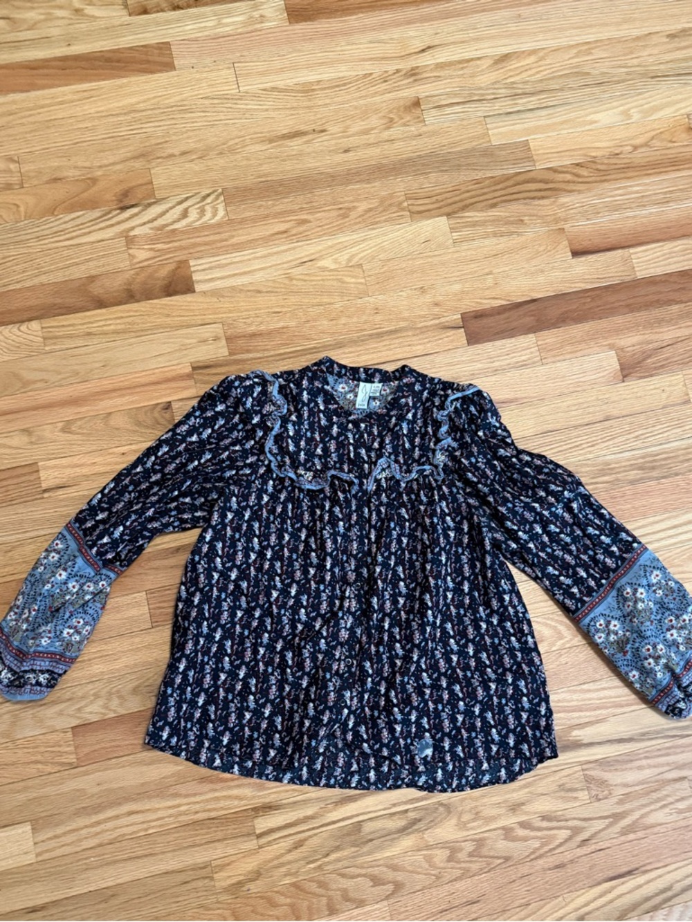 Joie Navy Floral Ruffled Peasant Blouse with Printed Cuffs